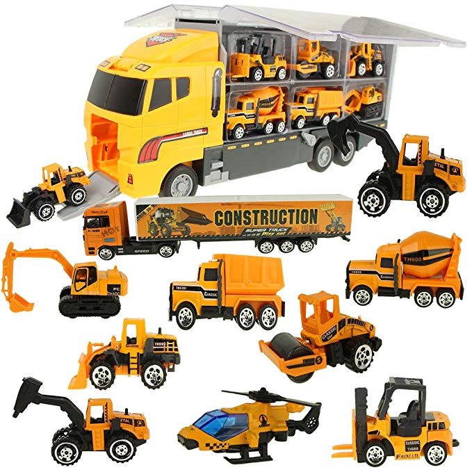 Jenilily Construction Truck Vehicle Container Car Toy Set Trucks Excavator Cement Truck Dumper Bulldozer Forklift Road Roller for Children Kids (12 in 1)