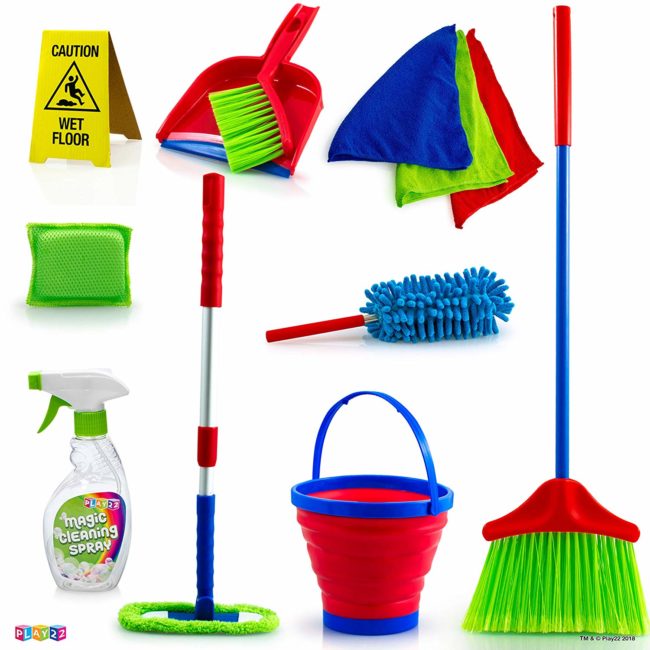 Lightning Deal – Kids Cleaning Set 12 Piece – Toy Cleaning Set Includes Broom, Mop, Brush, Dust Pan, Duster, Sponge, Clothes, Spray, Bucket, Caution Sign, – Toy Kitchen Toddler Cleaning Set – Original – by Play22 for .99